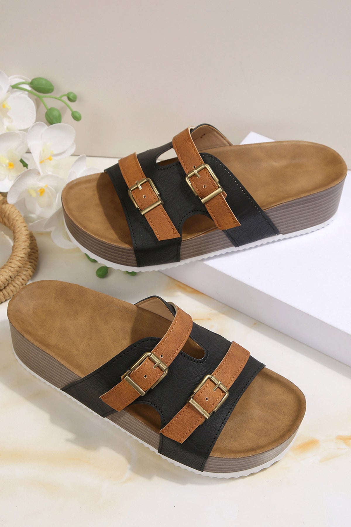 black Faux Suede Contrast Buckle Strap Retro Platform Sandals