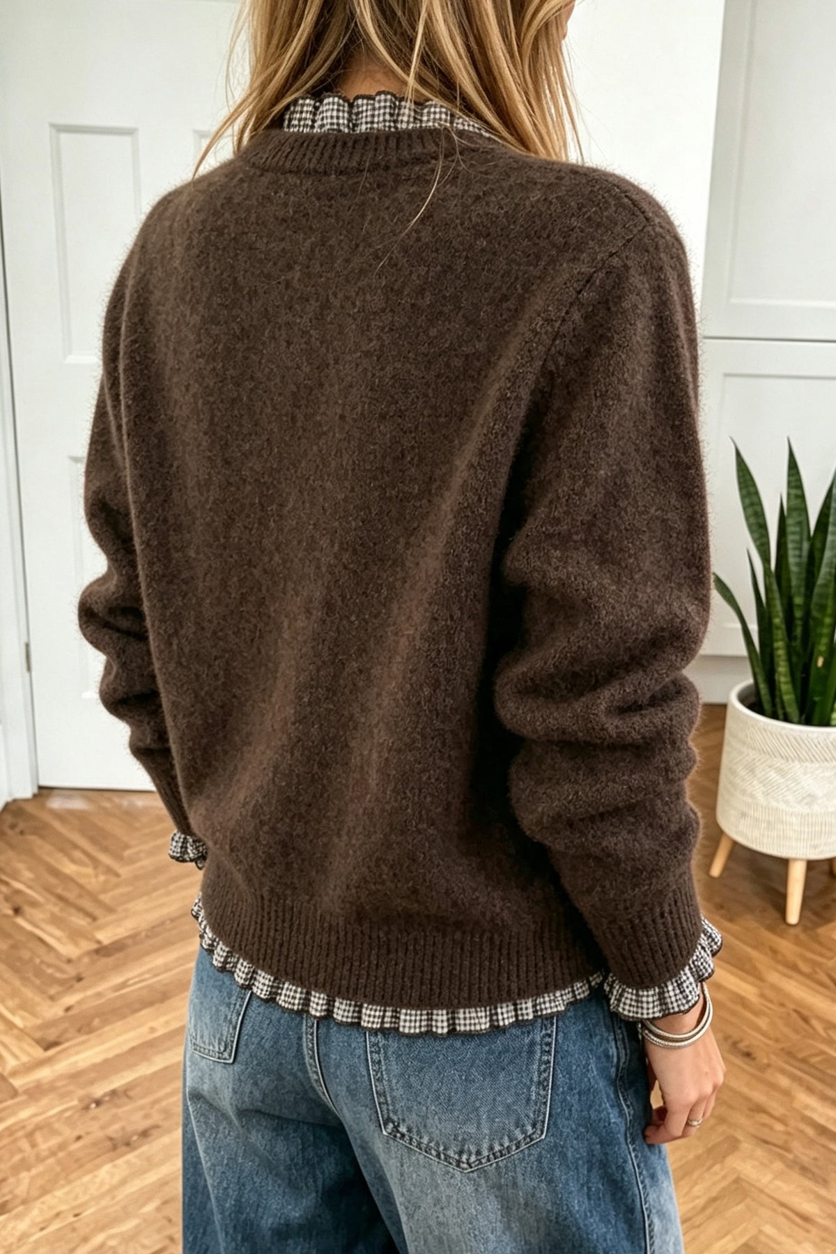 Vineyard Green Plaid Ruffle Trim Pullover Sweater