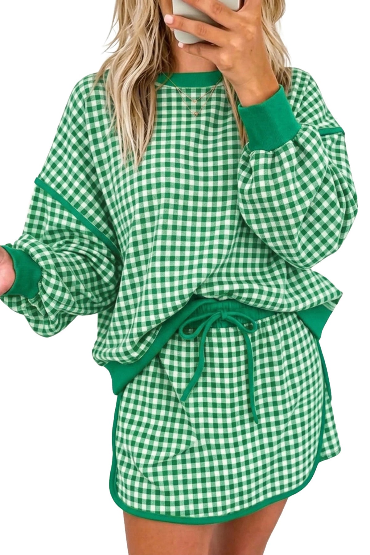Brown Gingham Oversized Ribbed Crew Neck Long Sleeve Top and Skort Set