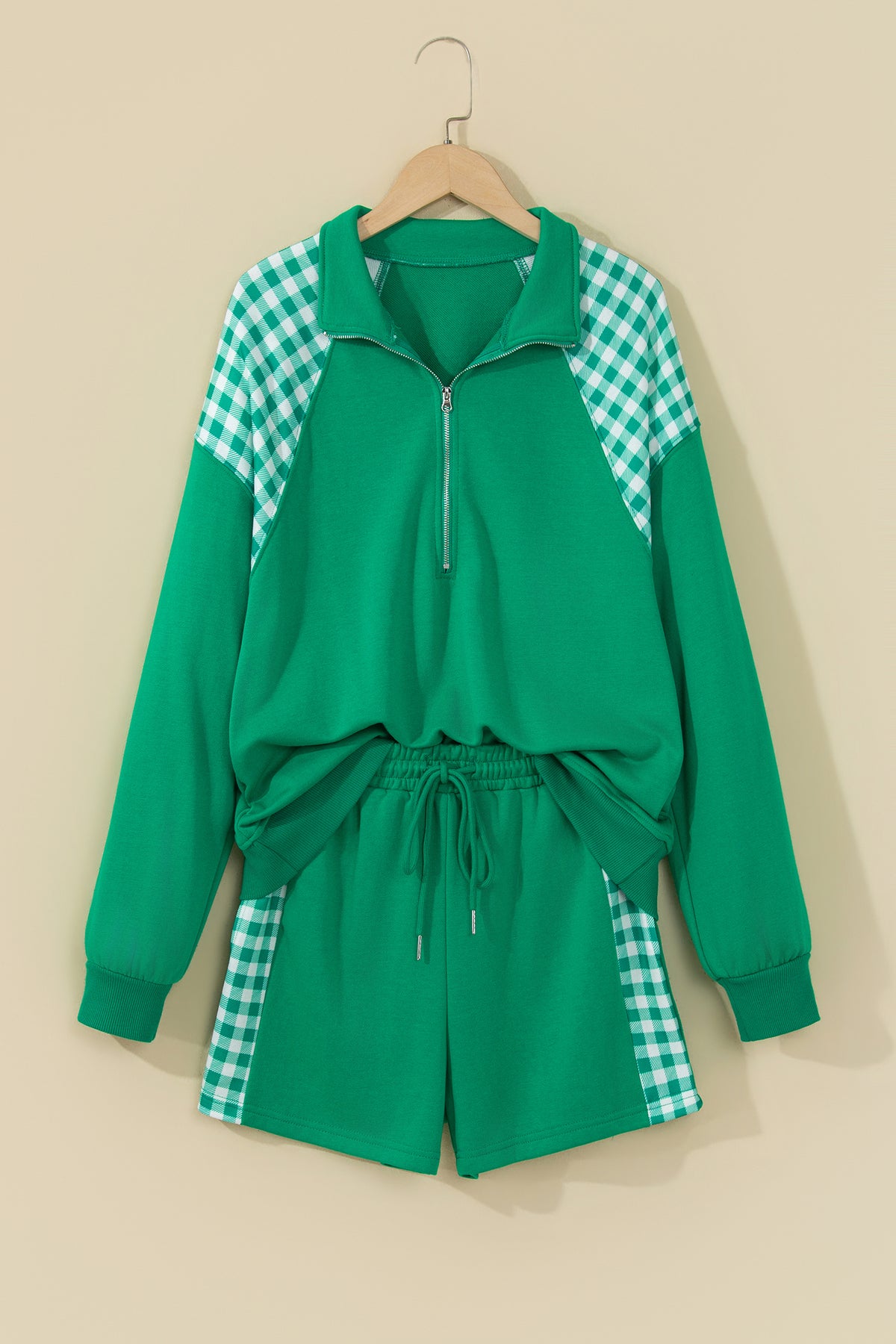 Coffee Plaid Patchwork Half Zip Pullover Drawstring Short Set