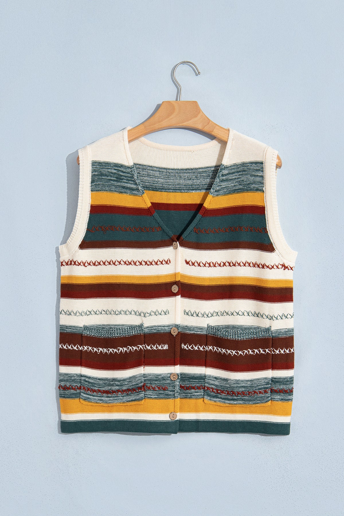 Multicolour Striped Button Front Sleeveless Knit Sweater Vest