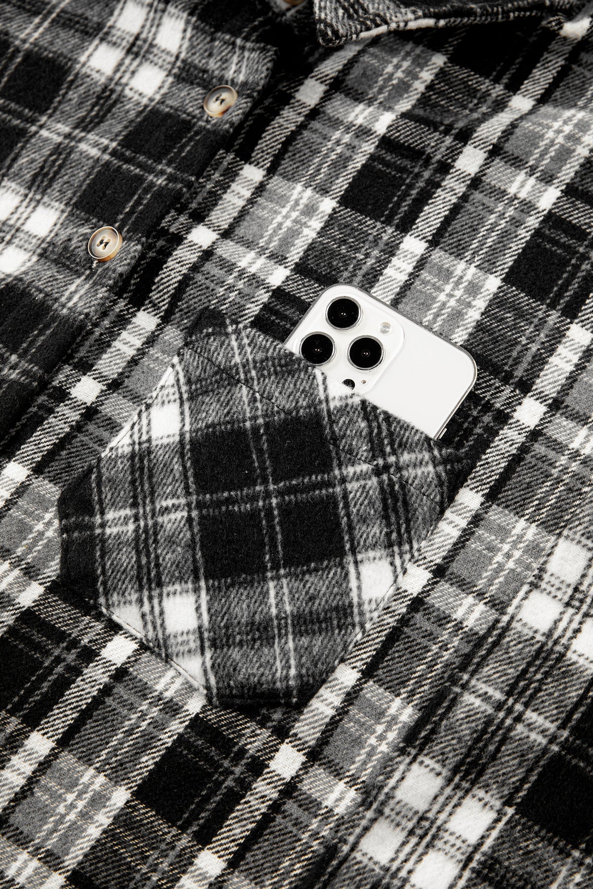 Black Plaid Long-Sleeve V-Neck Shift Plus Size Shirt Jacket