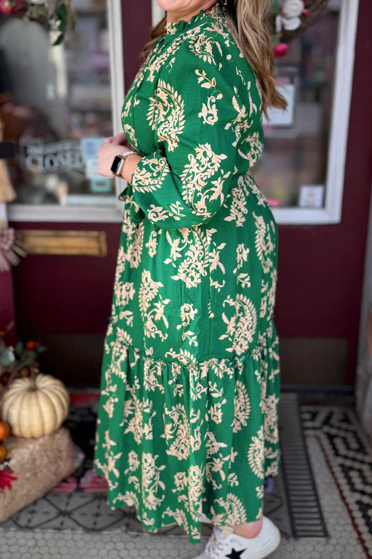 Green Floral Print V-Neck Shift Dress Plus Size Dress