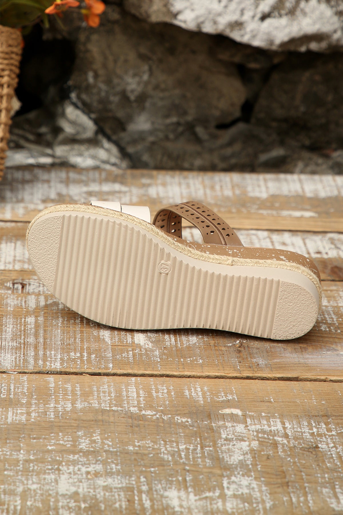 Coffee Hollowed Color Block Straps Platform Wedge Sandals