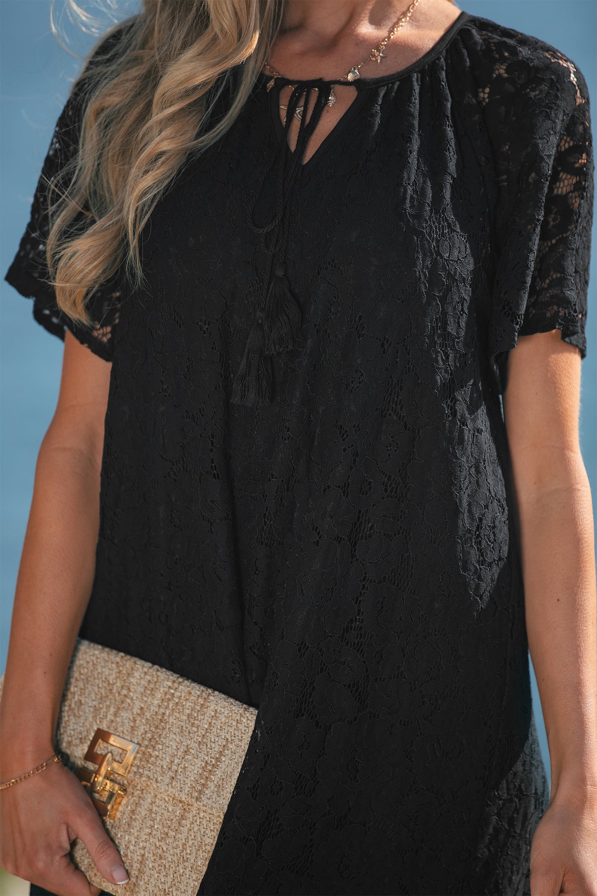 Black Floral Lace Overlay Tassel Tie Beach Vacation Maxi Dress