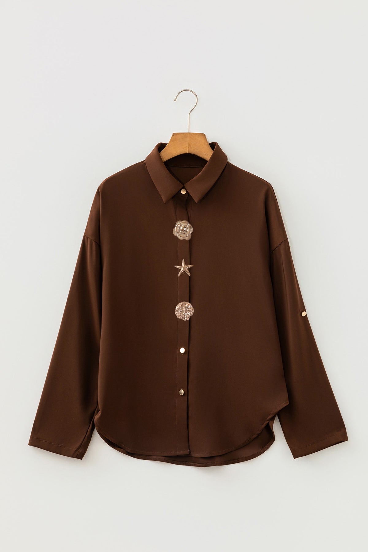 Coffee Multi Button Decoration Tab Long Sleeve Shirt