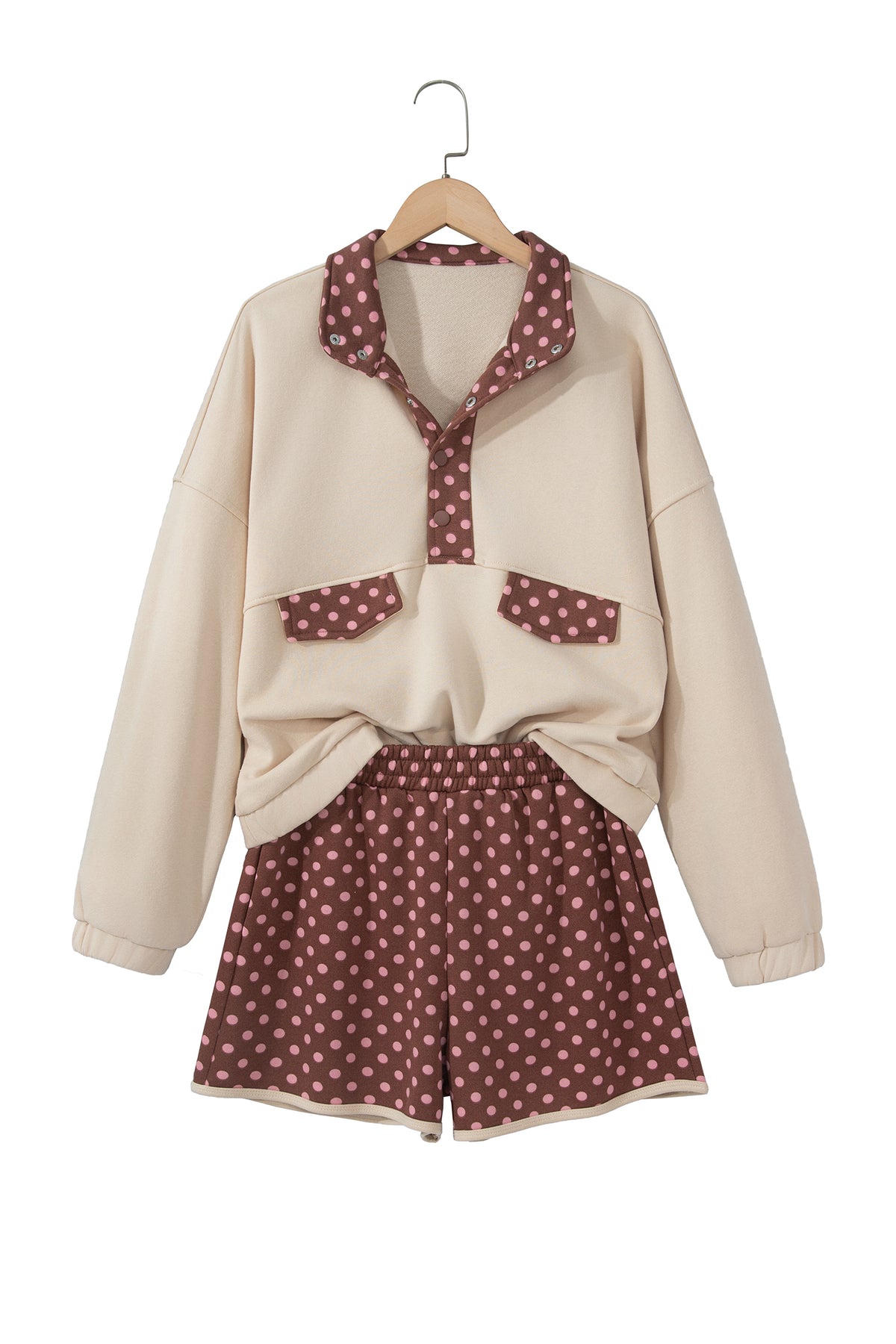 Brown Polka Dot Contrast Baggy Pullover and Elastic Waist Shorts Set