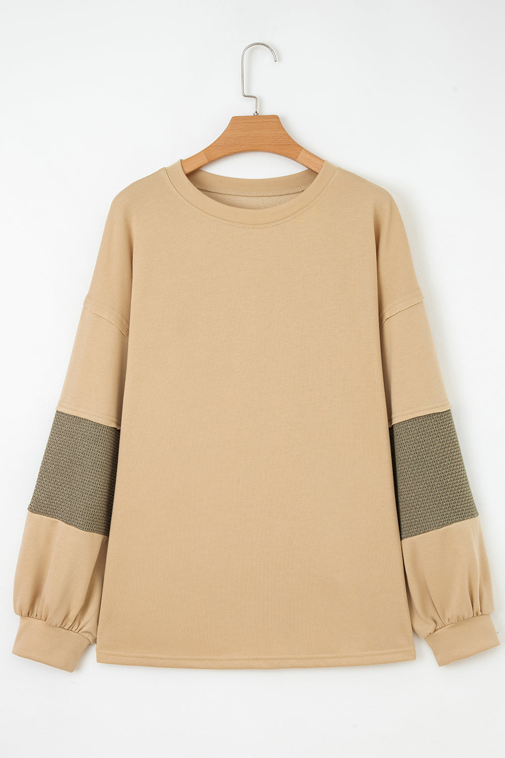Laurel Green Exposed Seam Contrast Texture Patchwork Plus Size Drop-Shoulder Pullover