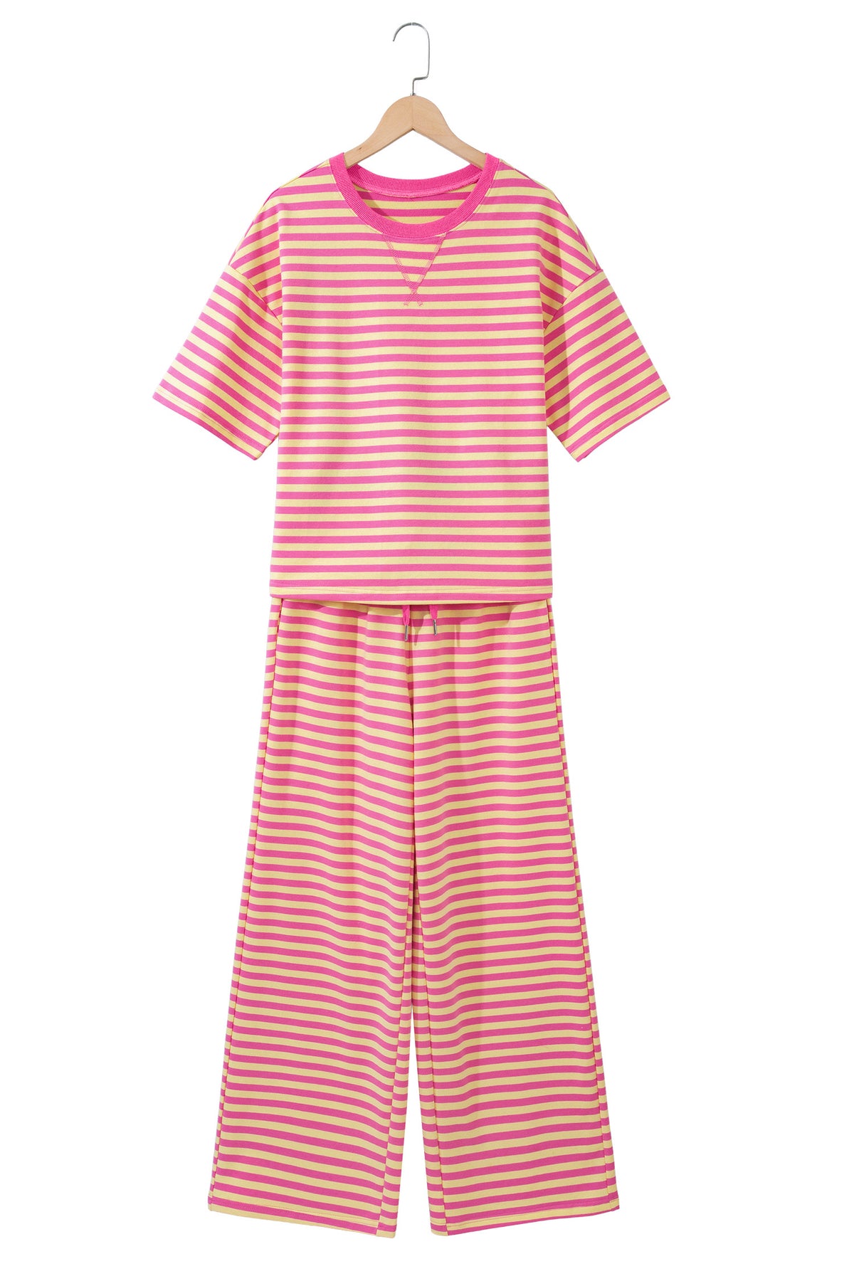 Women's Yellow Stripe Colorblock Trim Crewneck Loose Tee Drawstring Elastic Waist Two-Piece Pants Set