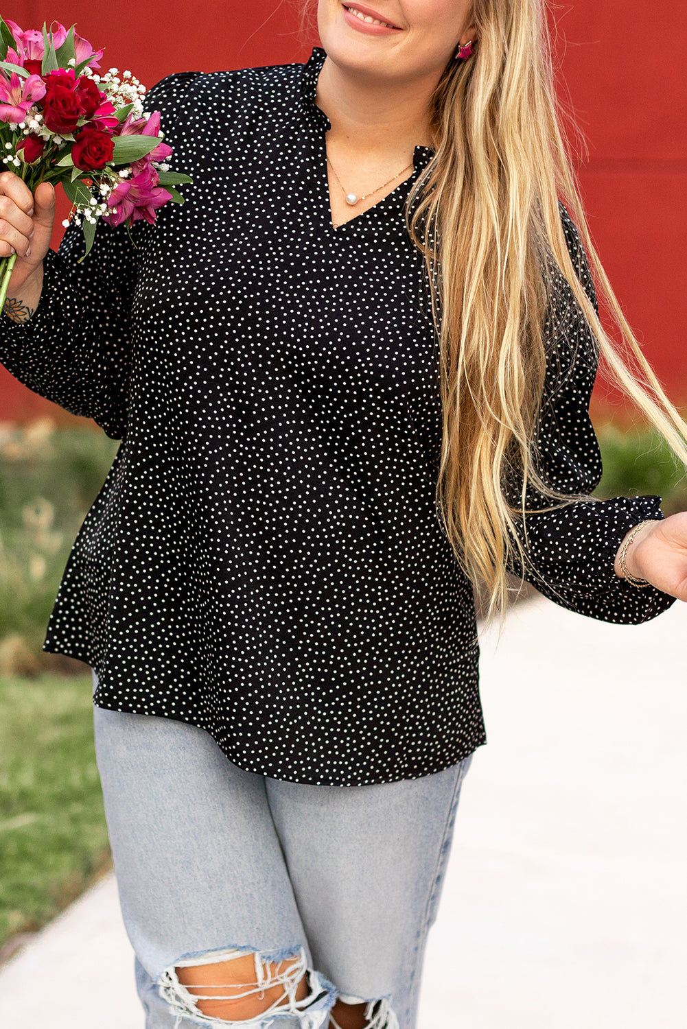 Black Plus Size Leopard Print Notch V-Neck Blouse
