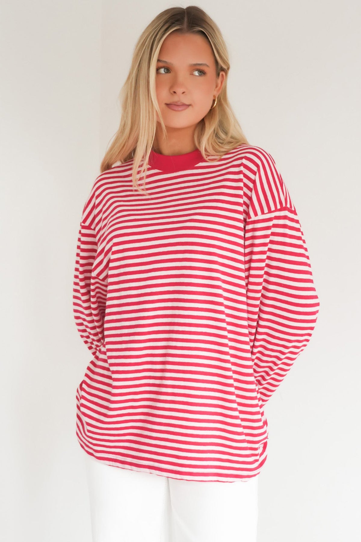 Red Stripe Oversized Round Neck Long Sleeve Top