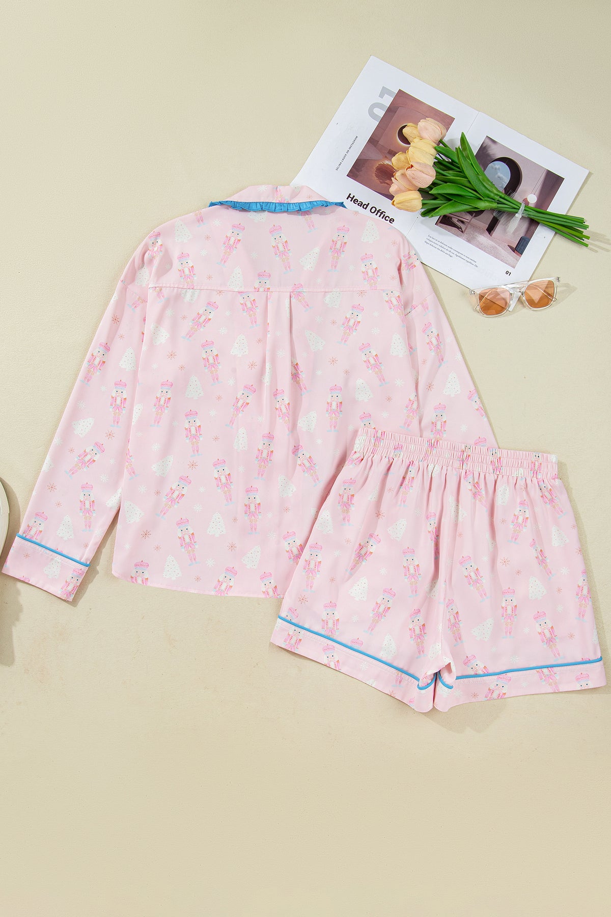 Pink Nutcracker Bow Tie Front Long Sleeve Shirt and Shorts Pajama Set