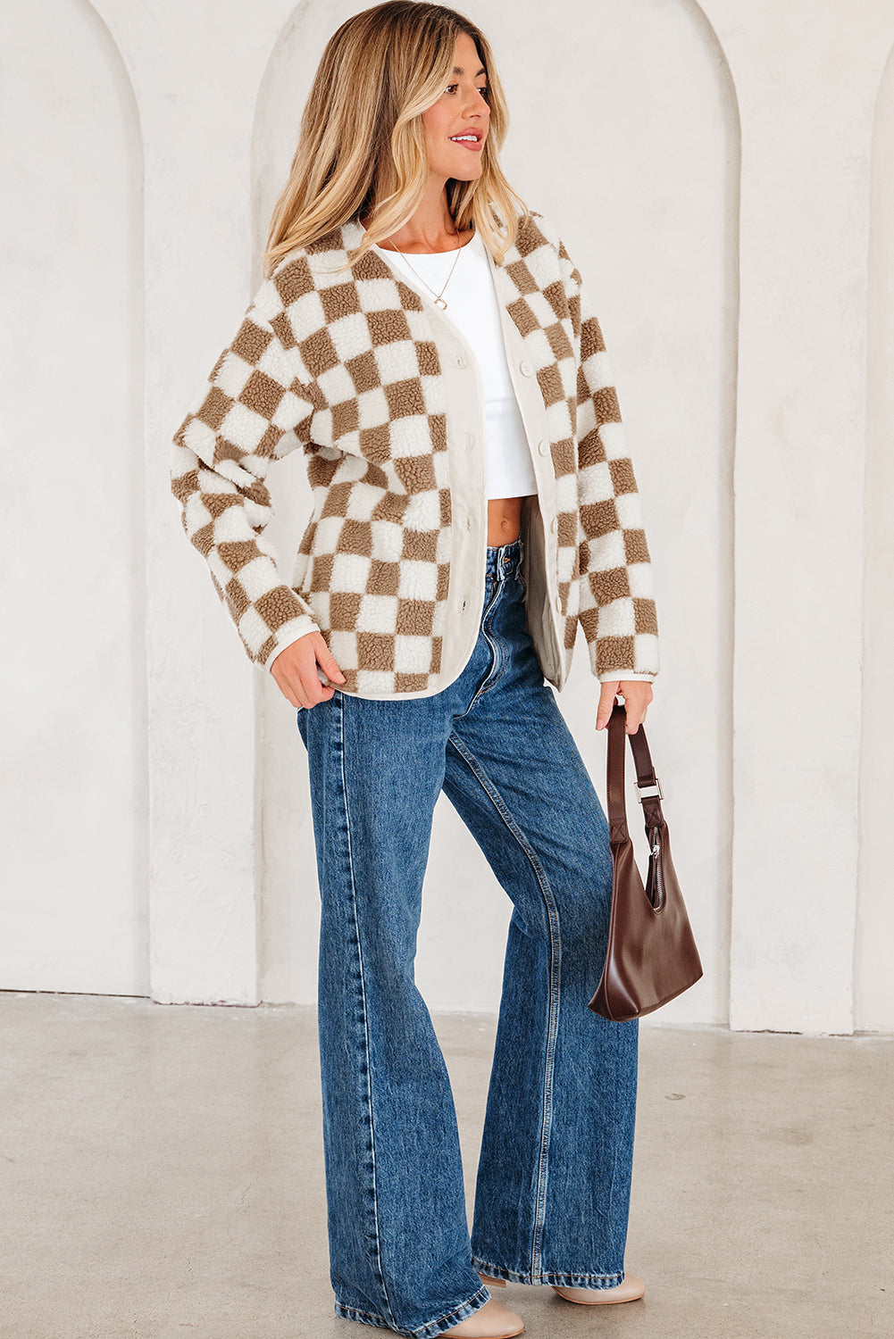 Brown Checkered Sherpa Buttoned Front Chunky Jacket