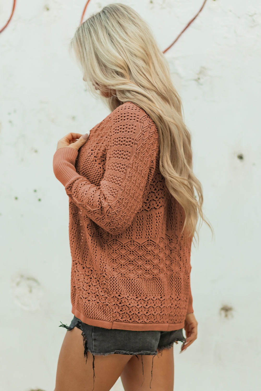 Lapis Mix Pattern Hollowed Knit Open Front Cardigan