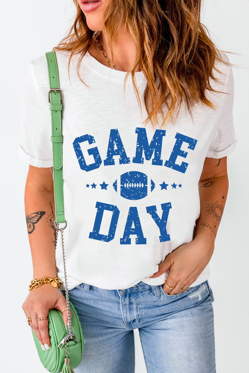 White GAME DAY Rugby Football Graphic Crewneck T-Shirt