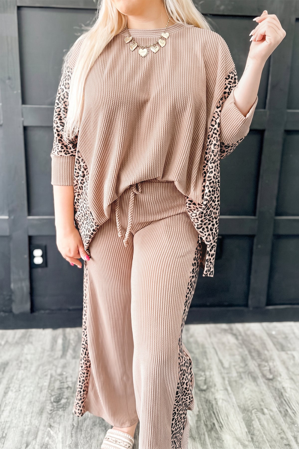 Women's Parchment Leopard Print Twisted Ribbed Patchwork Long-Sleeve Top Loose Pants Set