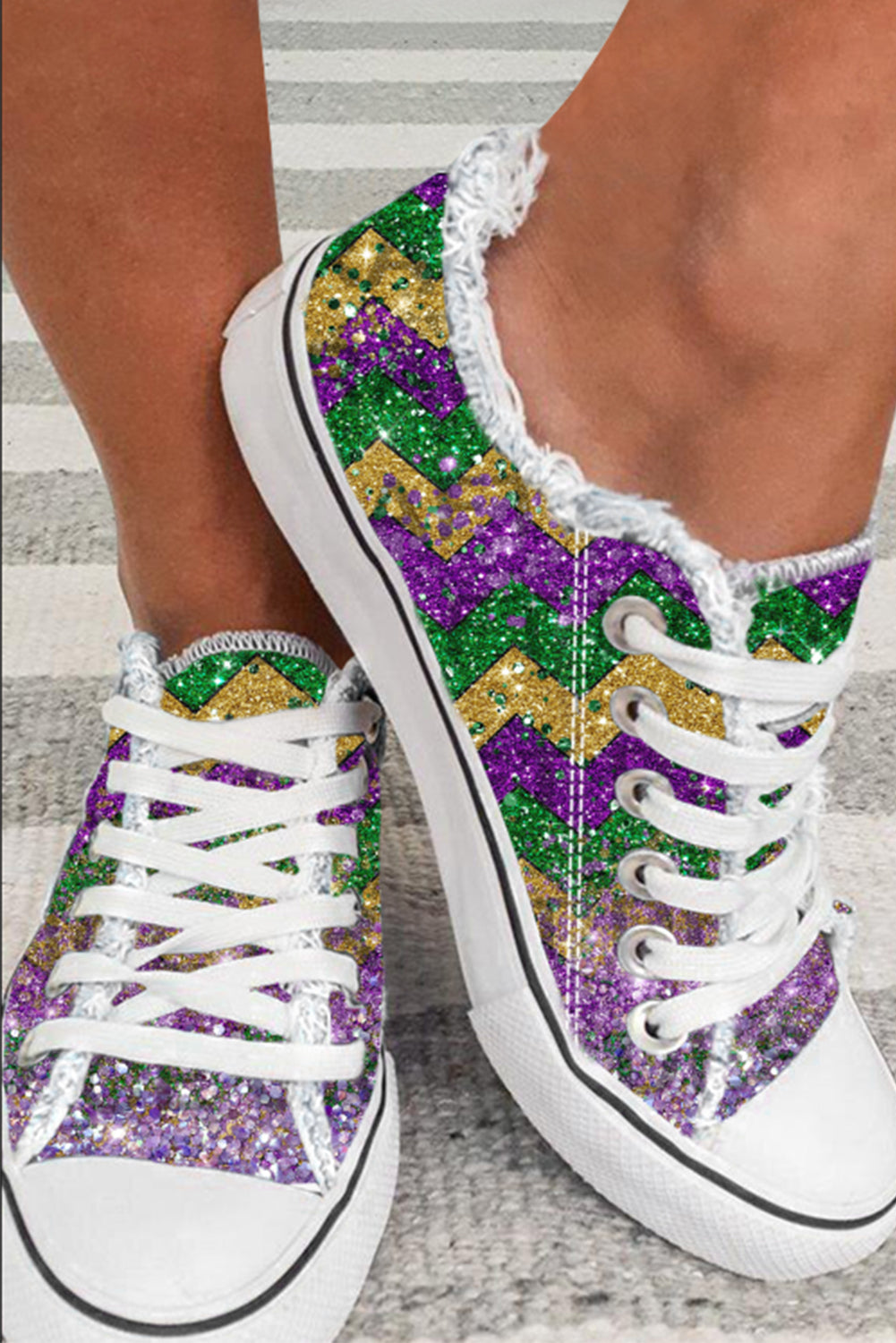 Multicolor Shiny Chevron Striped Lace-up Flat Canvas Sneakers