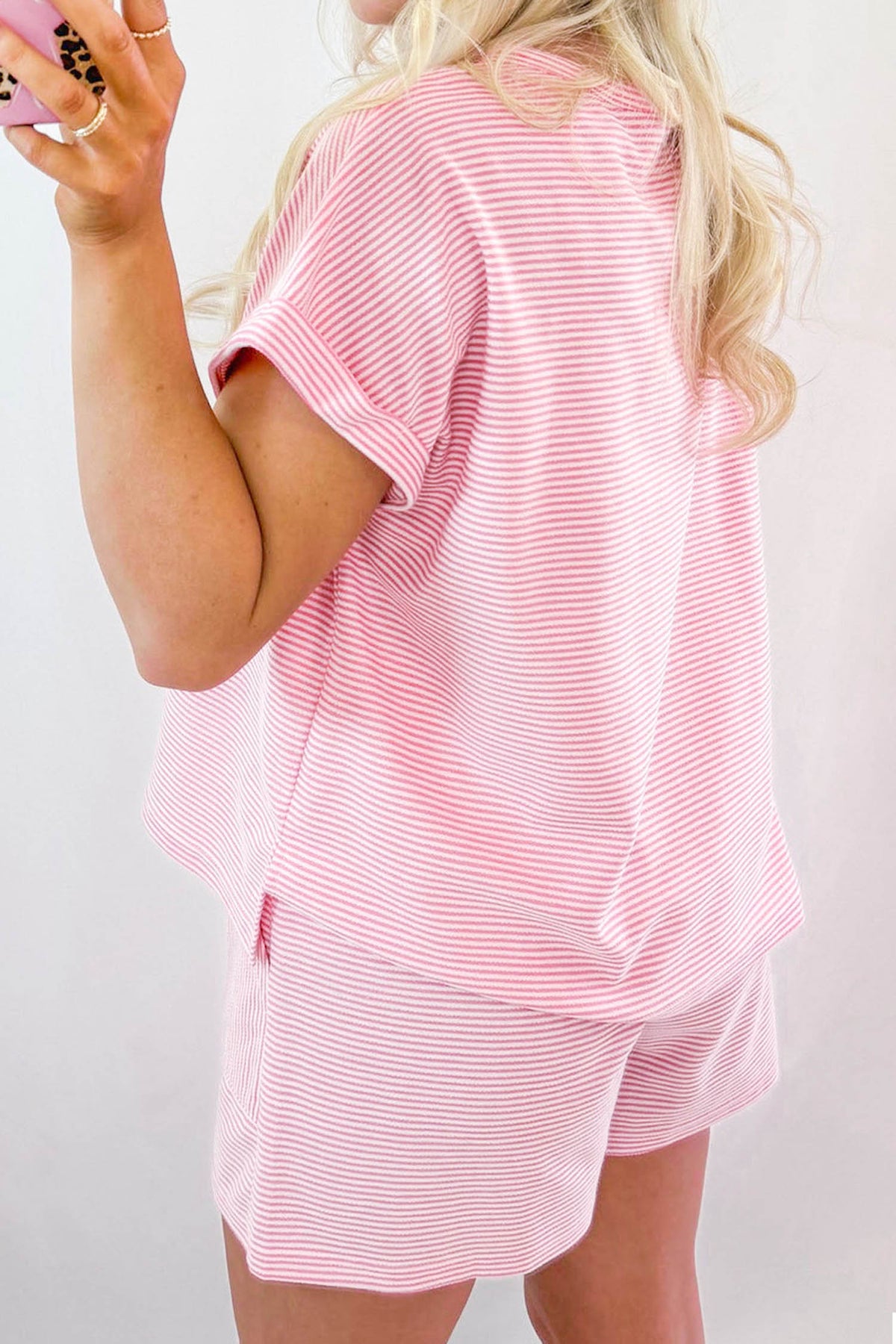 Women's Pink Stripe Matching Oversized Tee and Shorts Set