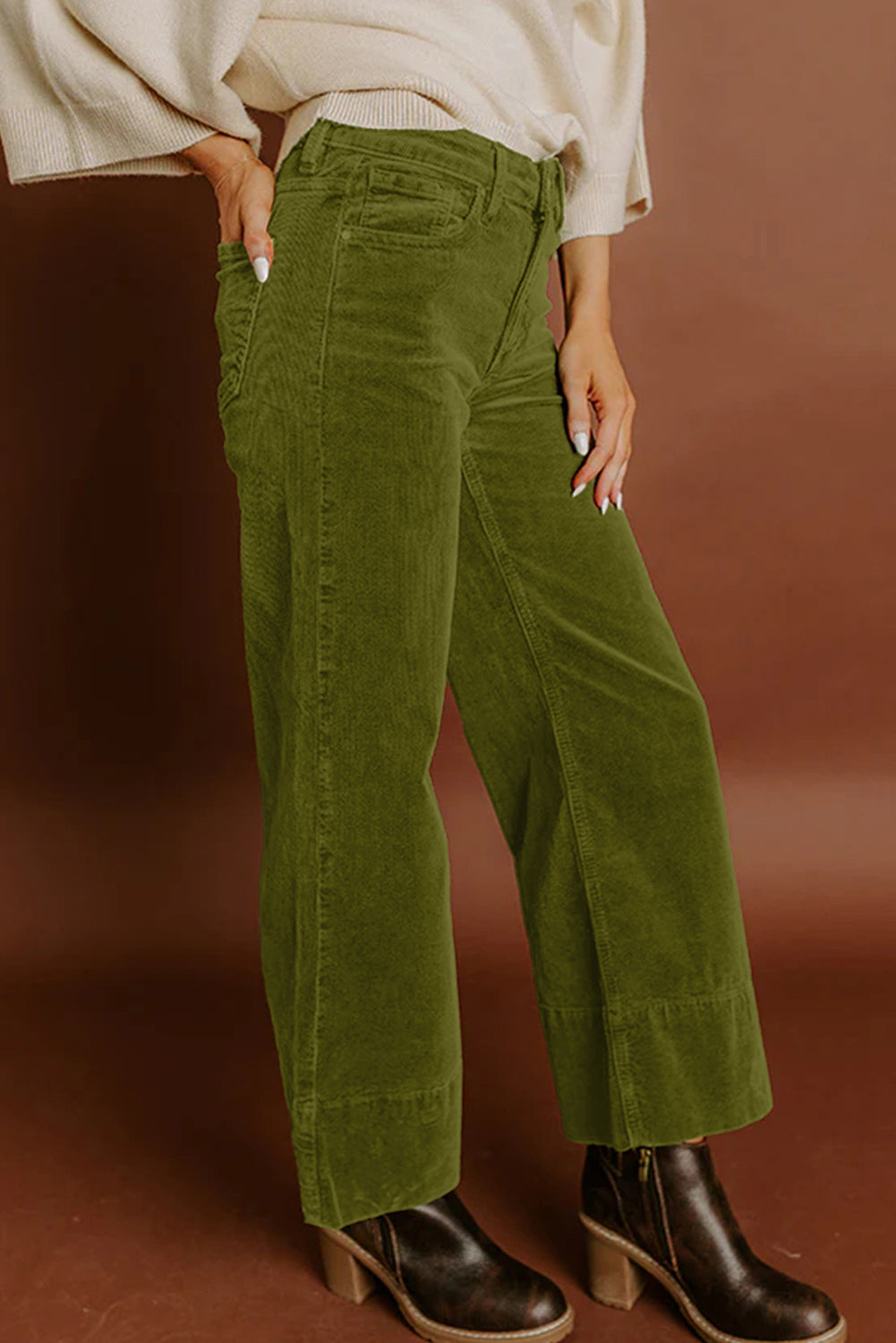 Burgundy Corduroy Solid High Waist Wide Leg Pants