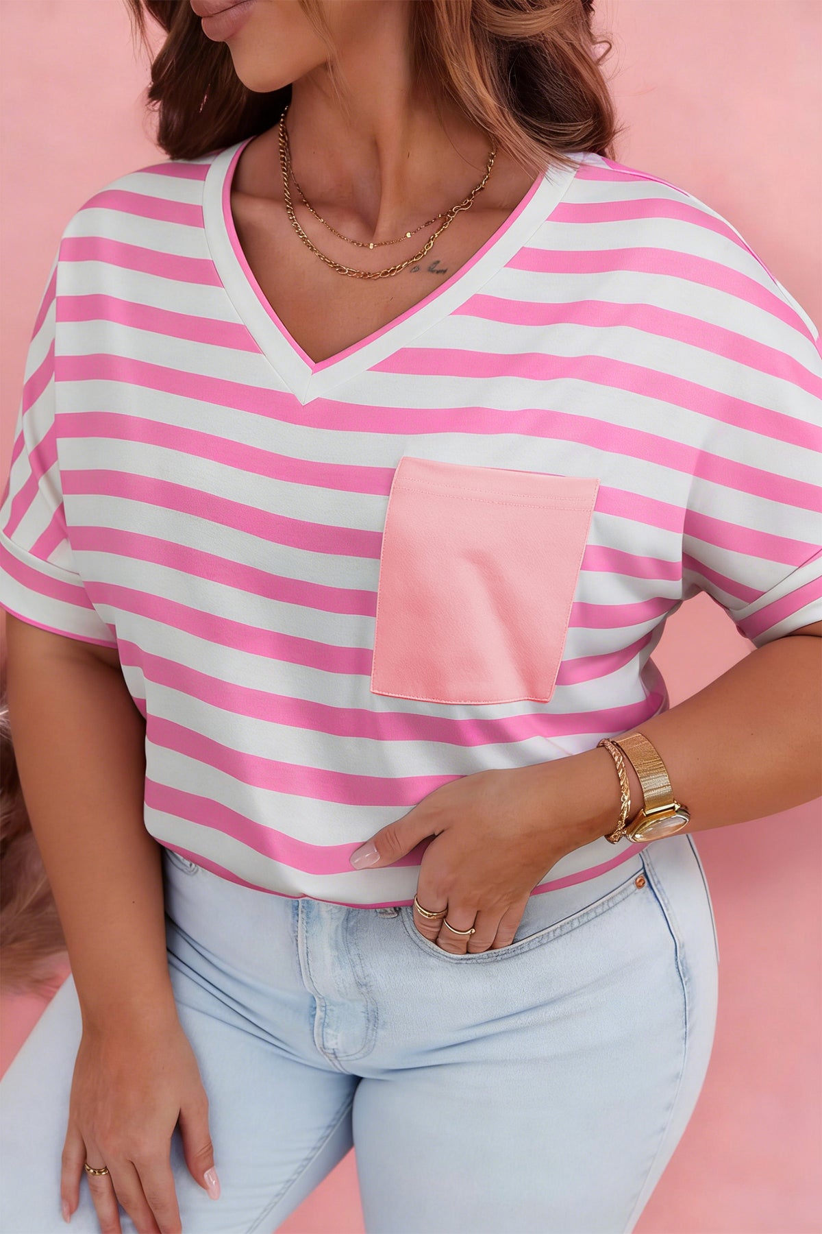 Pink Stripe Color-Block Patched Pocket V-Neck Plus Size Tee