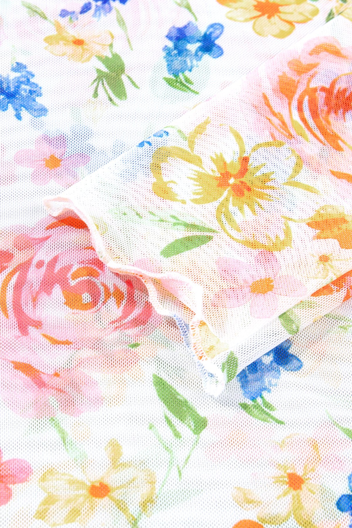 White Lettuce Trim Floral Print Sheer Mesh Top