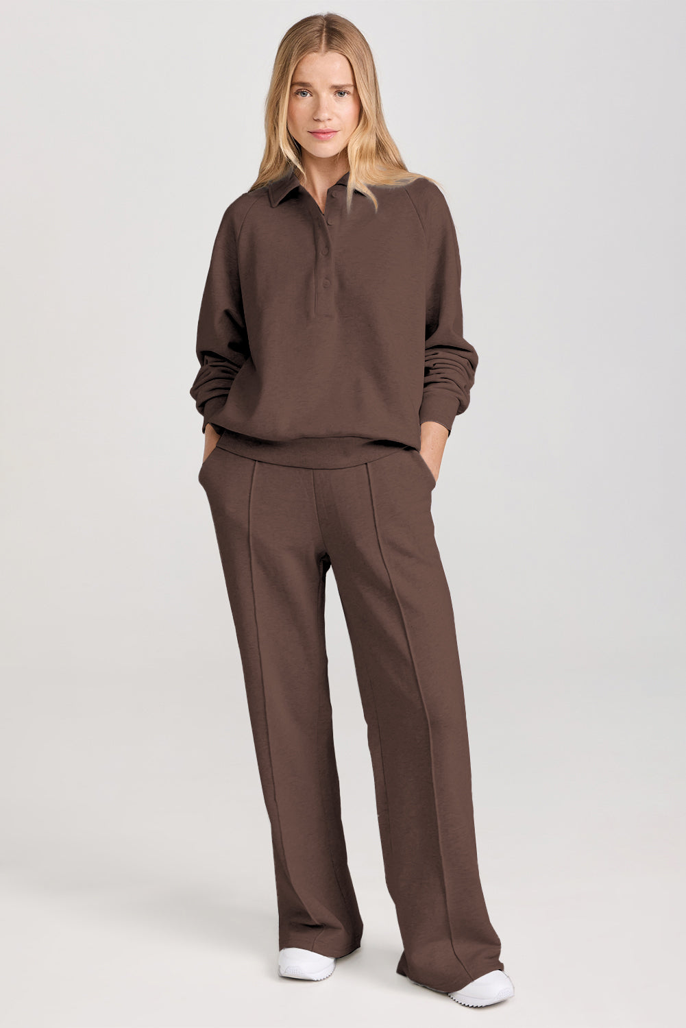 Dark Brown Solid Sweatshirt and High Waist Pants Active Set