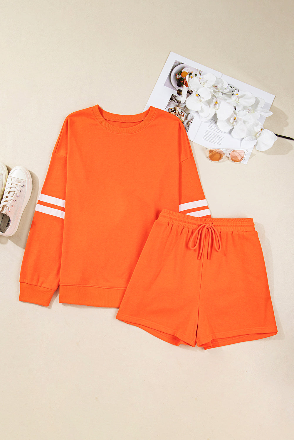 Orange Plus Size Varsity Striped Drop-Shoulder Pullover Drawstring Elastic Waistband Shorts Set