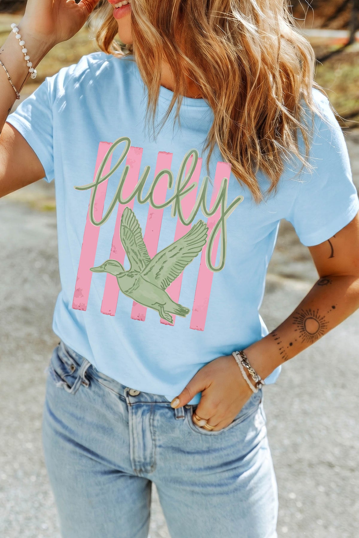 Light Blue Lucky Duck Print Casual Round Neck T-Shirt