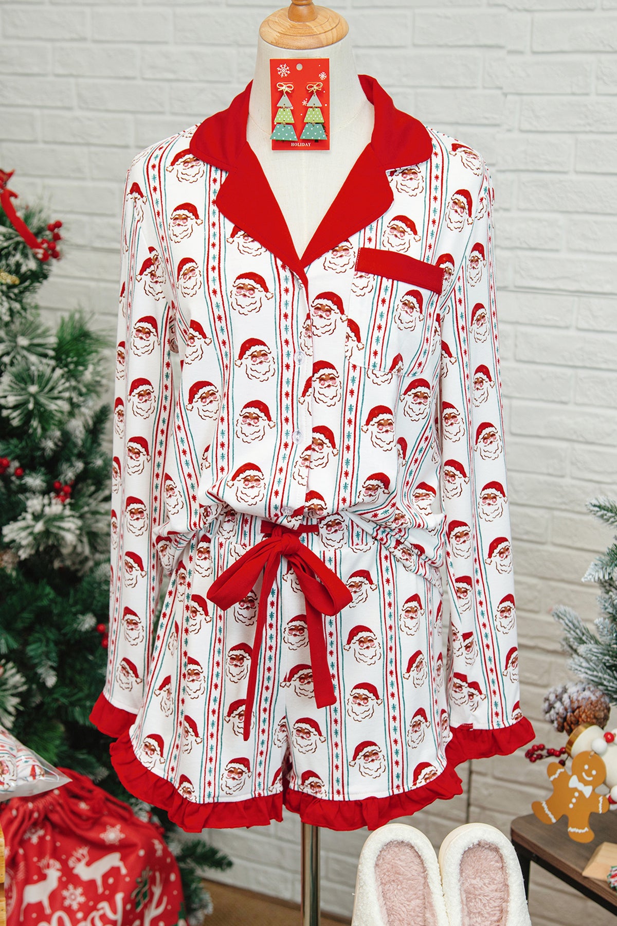 White Santa & Stripes Ruffle Pajama Set