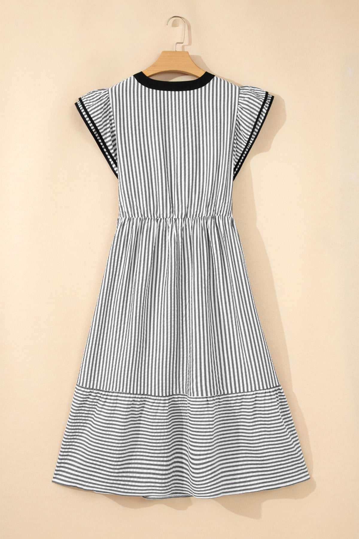 Black Stripe Contrast Trim V Neck Flutter Sleeve Long Dress