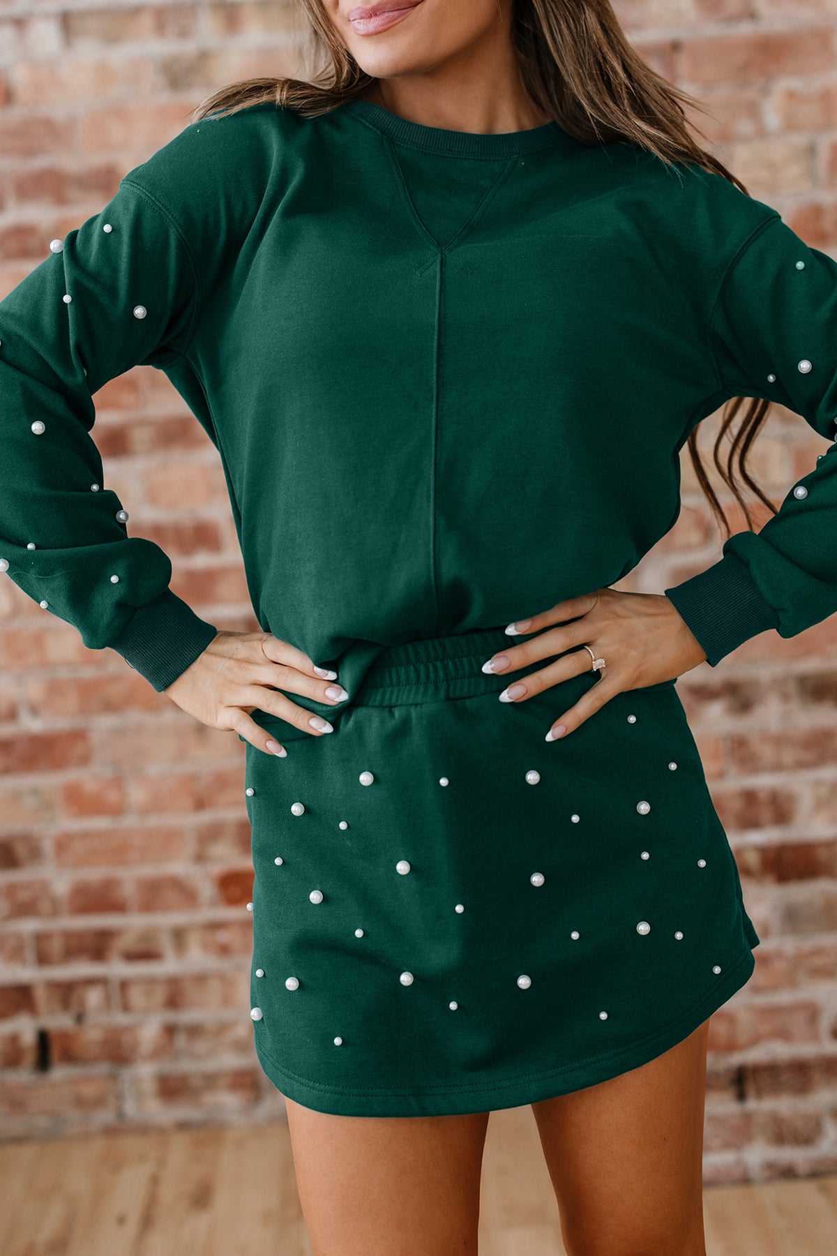 Dark Green Pearl Embellished Drop Shoulder Pullover Elastic Waist Mini Skort Set