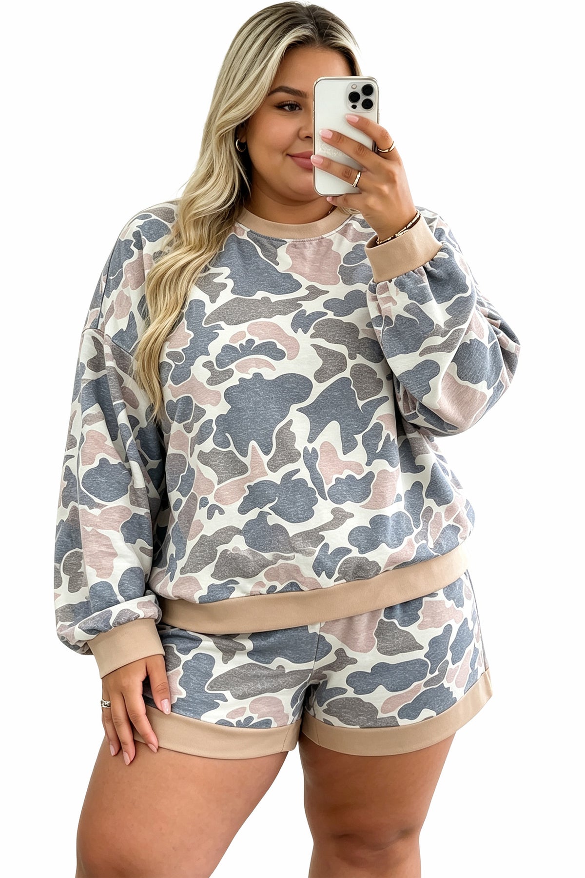 Multicolour Camouflage Print Round-Neck Drop-Shoulder Pullover Plus Size Shorts Set