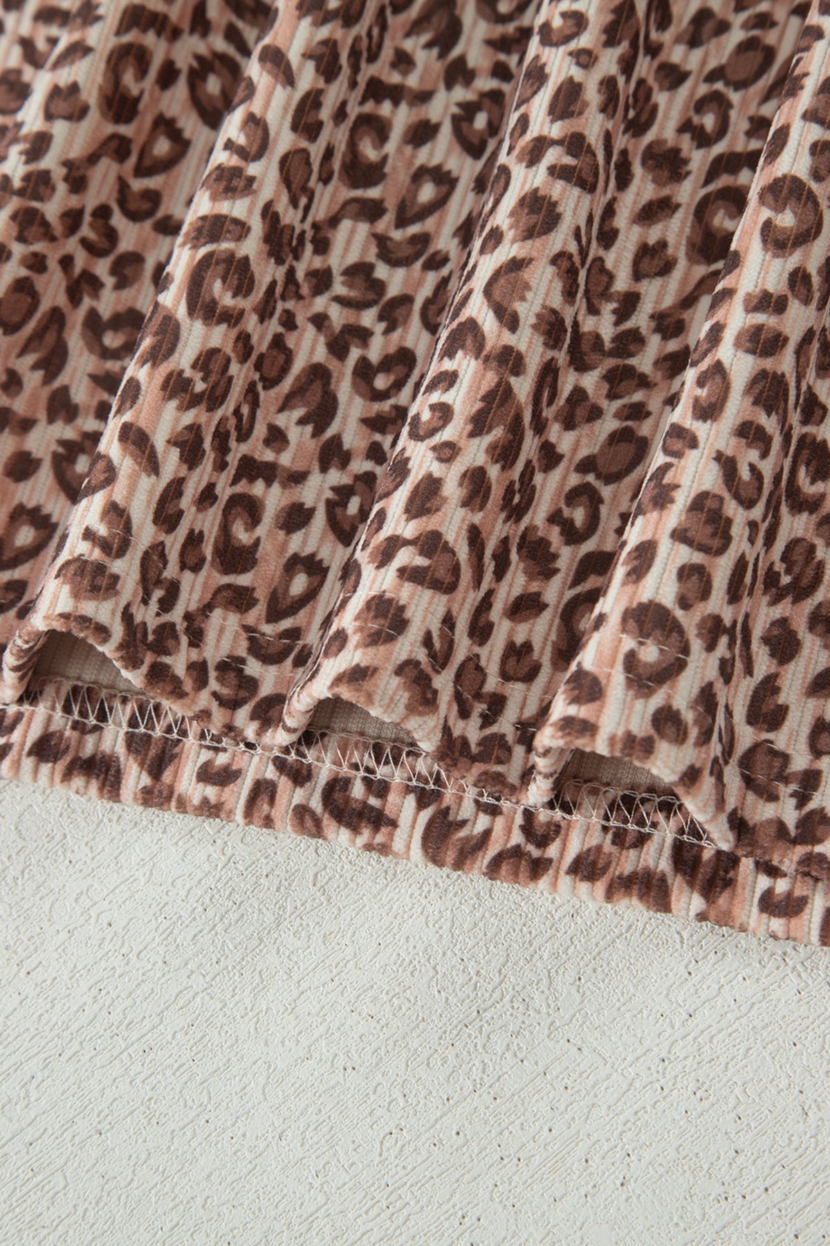 Women's Brown Leopard Print Ribbed Patchwork Half Button Tee Short Two-Piece Set