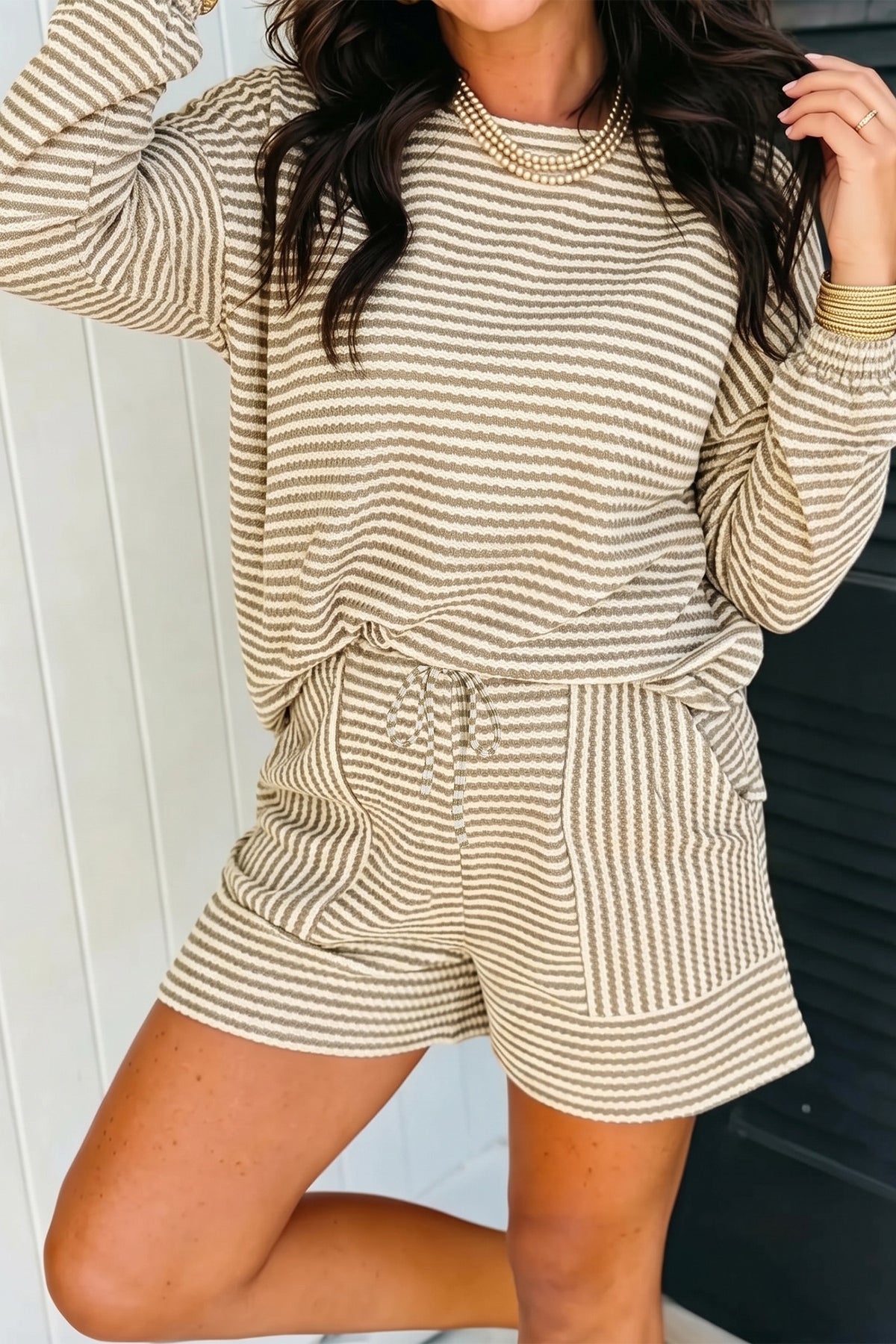 Women's Brown Stripe Textured Knit Long-Sleeve Top Elastic Waist Shorts Casual Outfit