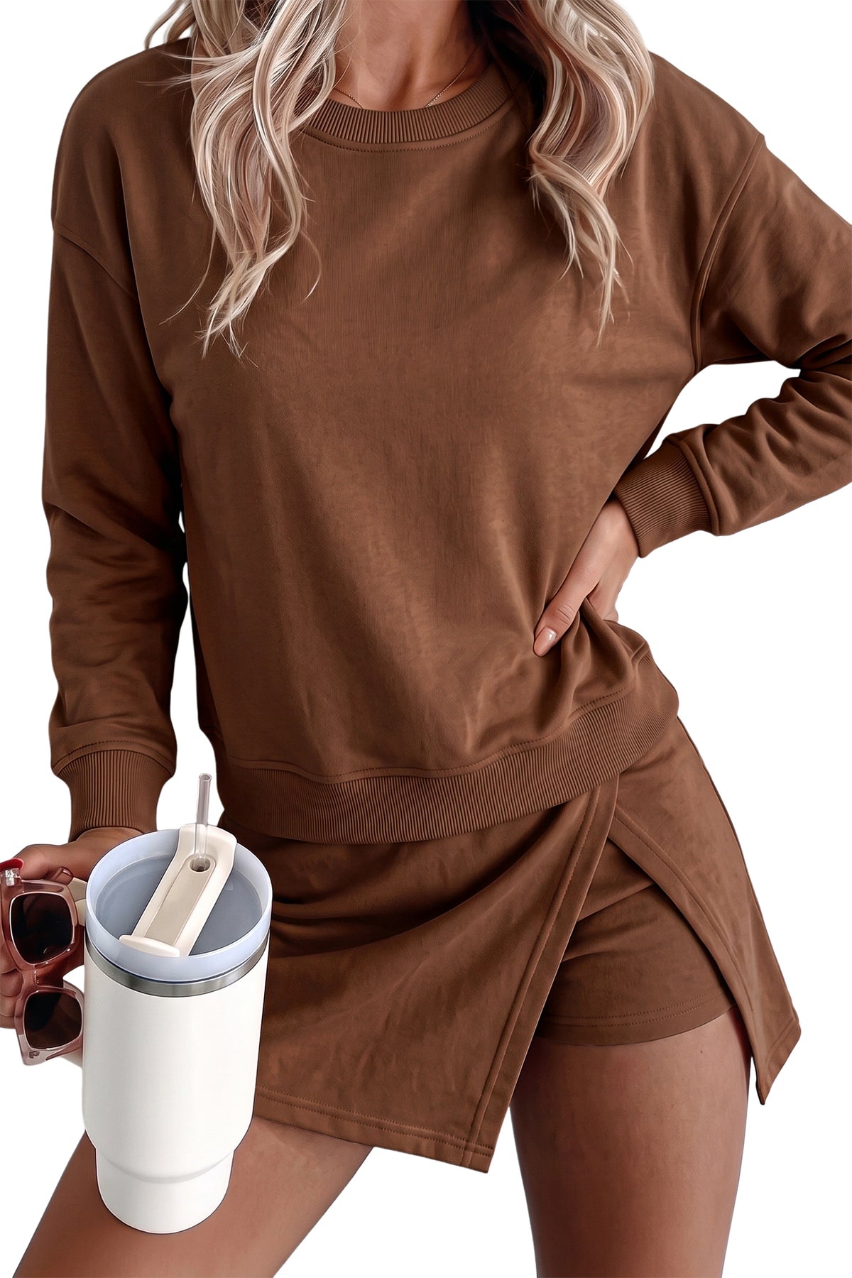 Women's Dirty blue Long-Sleeve Top Split Skort Two-Piece Outfit