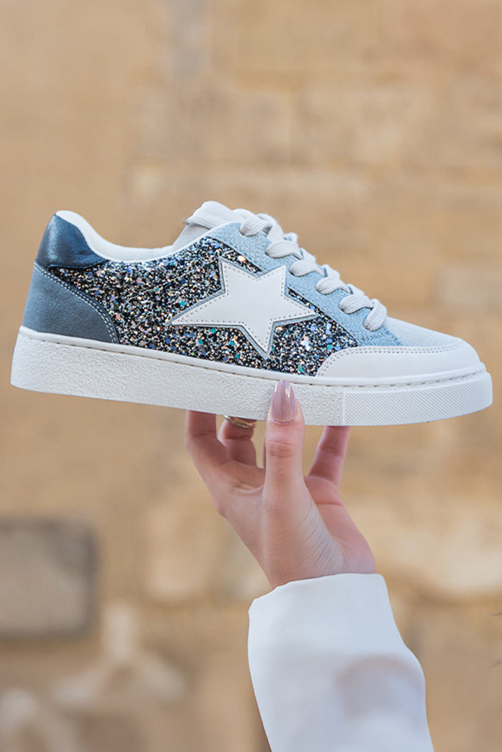 Silver Star Glitter Patchwork Lace-up Sneakers