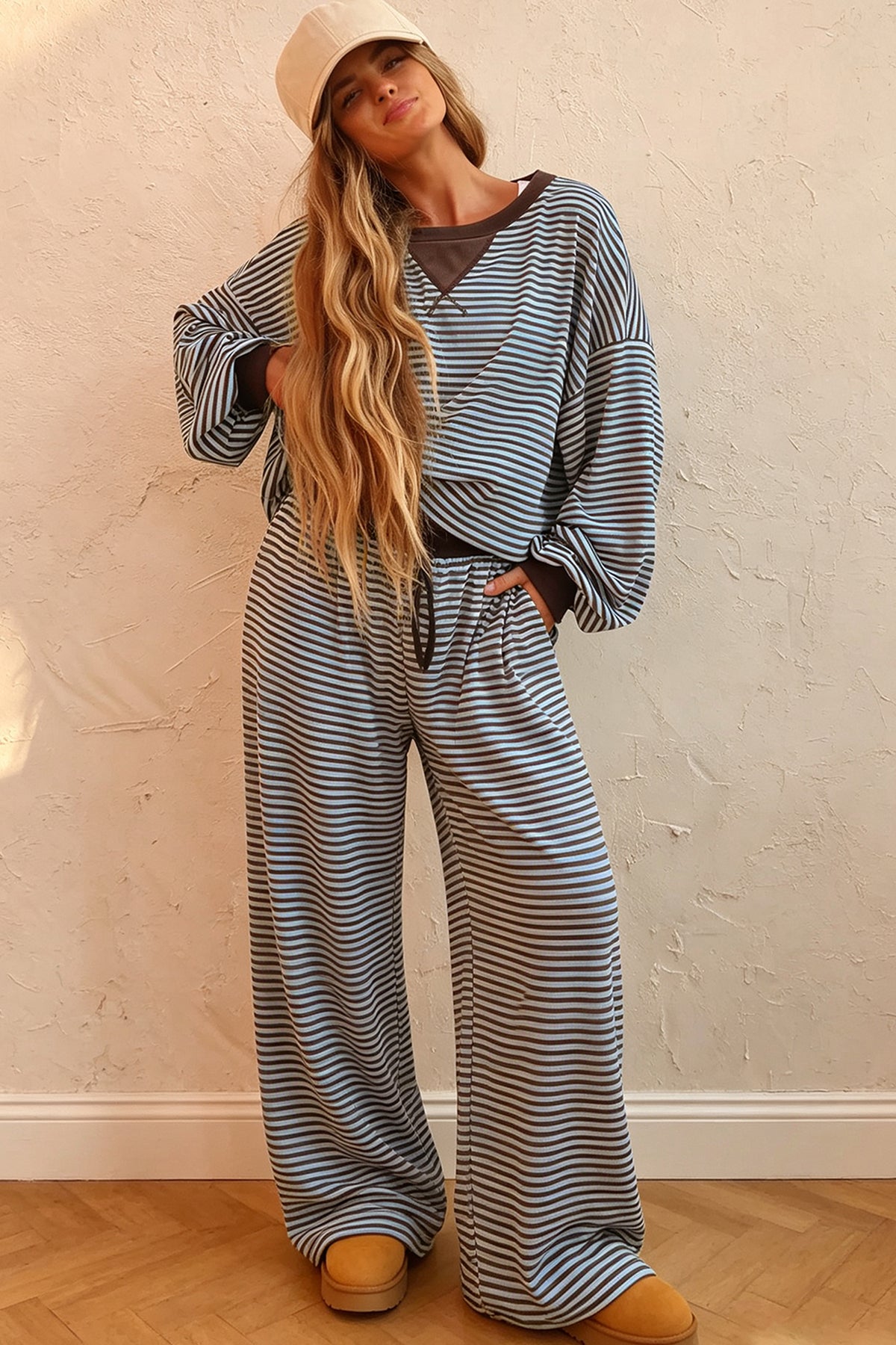 Women's Brown Stripe Drop Shoulder Top & Pants Two-Piece Set