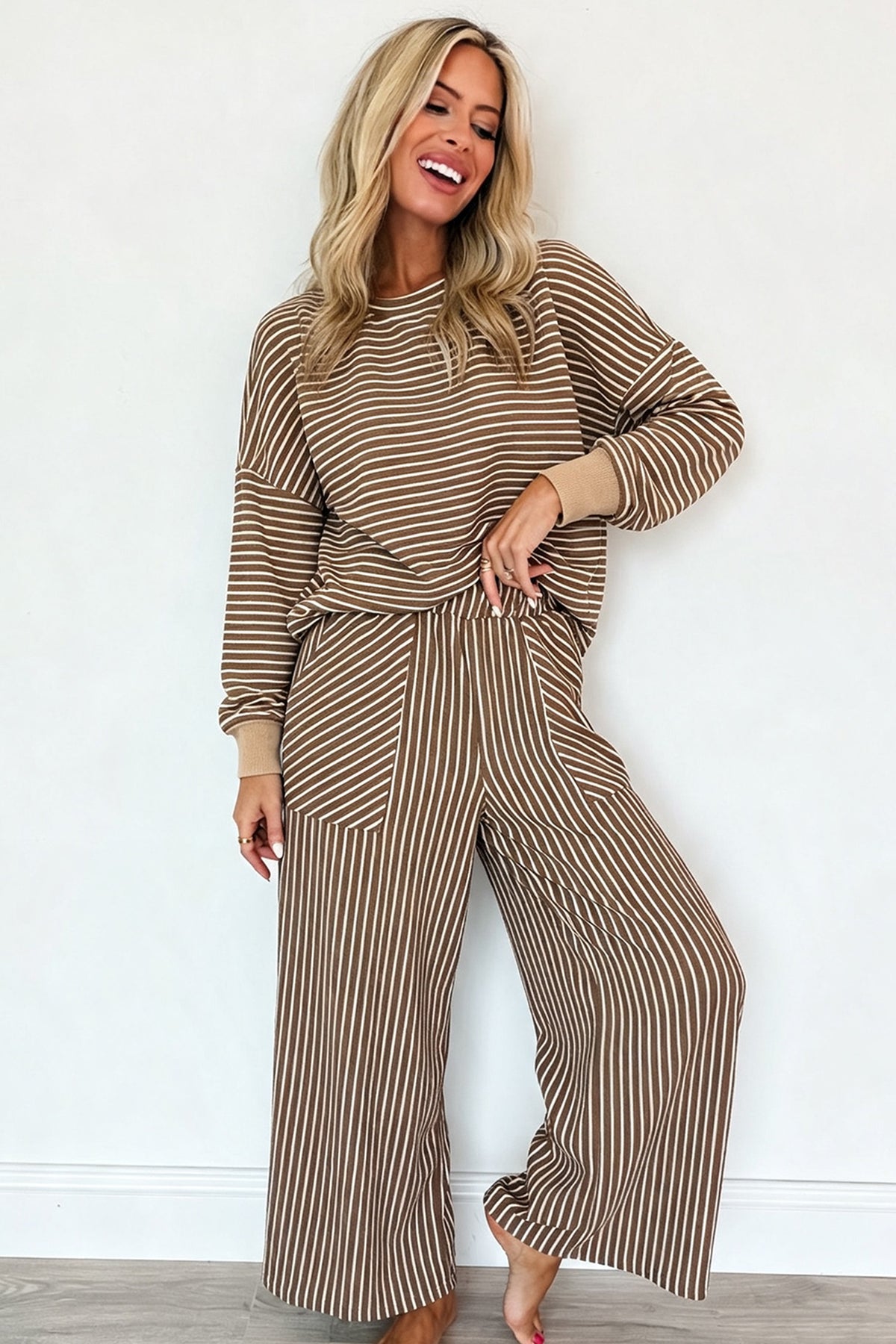 Black Stripe Twist Front Pullover and Pants Set