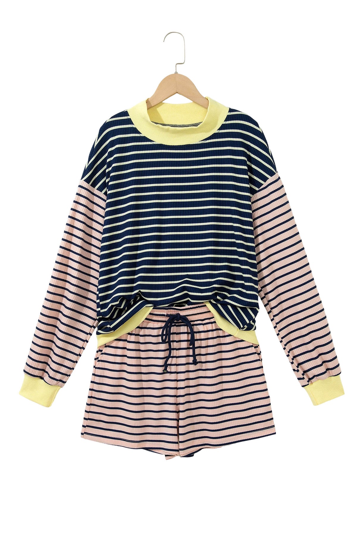 Women's Blue Stripe Color Block Long-Sleeve Pullover Ribbed Knit Casual Shorts Set