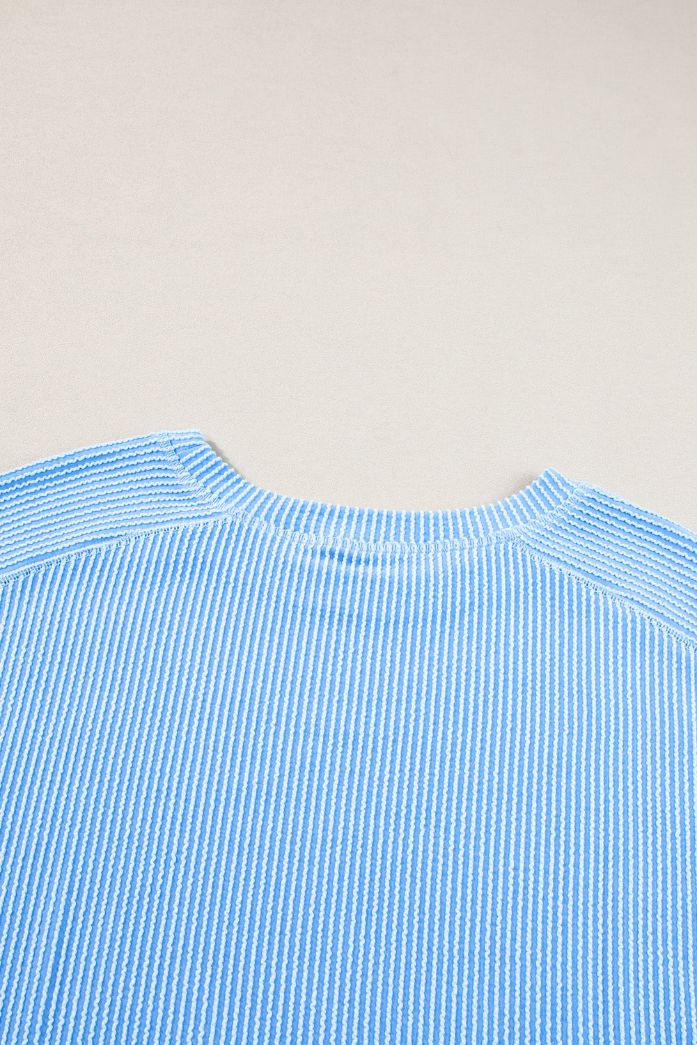 Light Blue Plus Size Ribbed Long-Sleeve Top and Drawstring Shorts Set