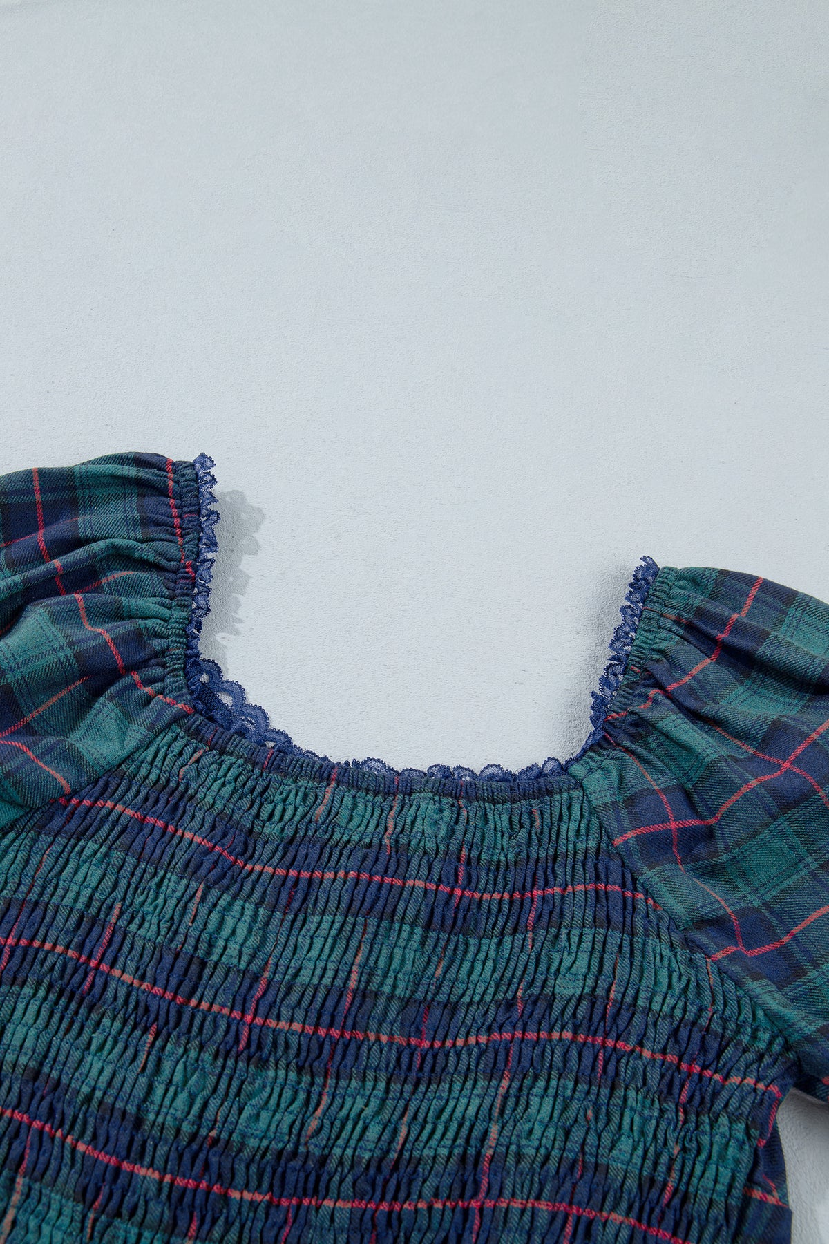 Green Plaid Lace Square-Neck Maxi Dress