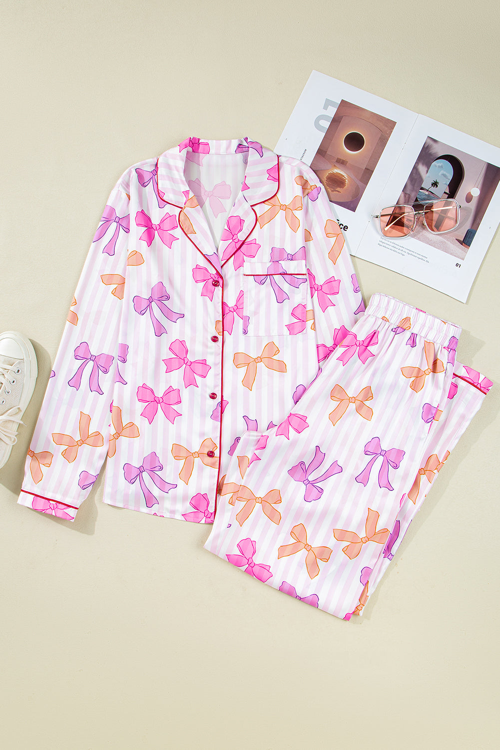Pink Striped Bow Print Shirt and Pants Pajama Set
