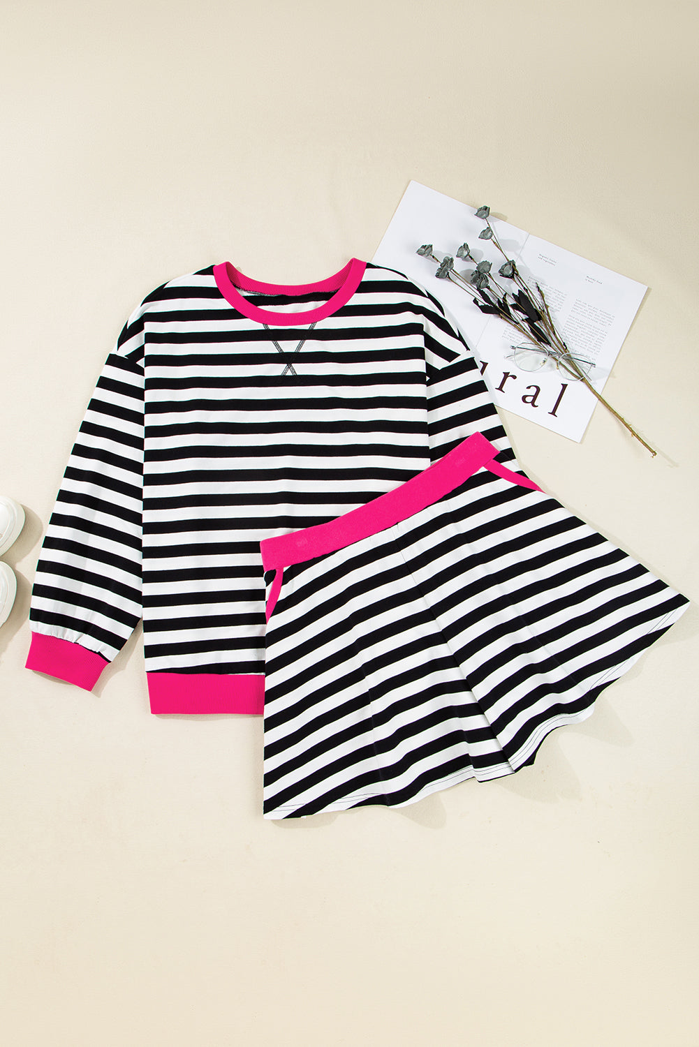 Black Stripe Color-Block Edge Pullover and Shorts PLus Size Set