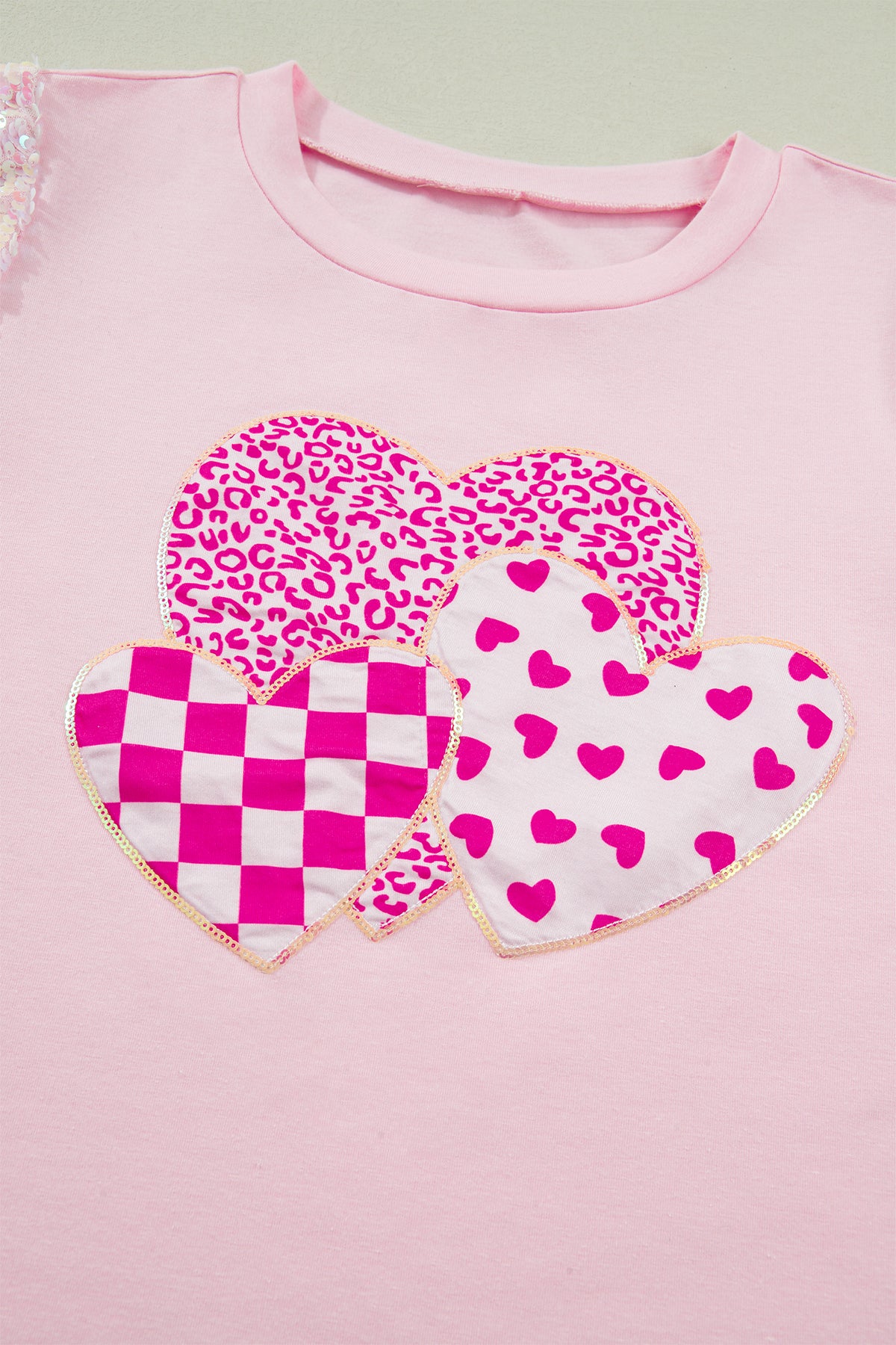Light Pink Three Hearts Sequin Trim Contrast Sleeve Patchwork Tee