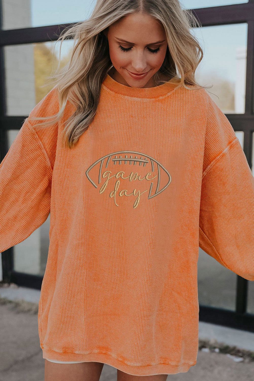 Apricot Rugby Game Day Embroidered Corduroy Sweatshirt