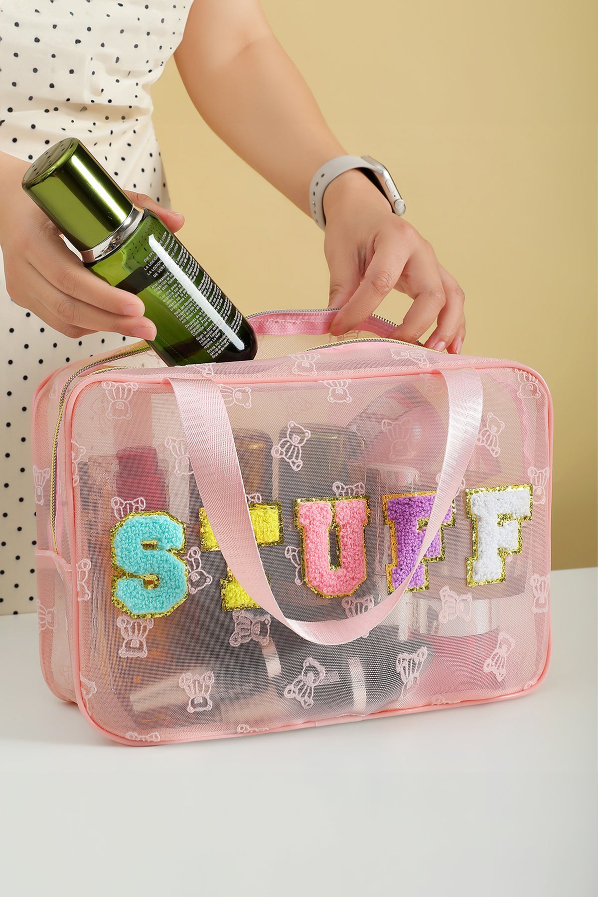 Black STUFF Chenille Letter Patched Teddy Bear Mesh Lightweight Makeup Bag
