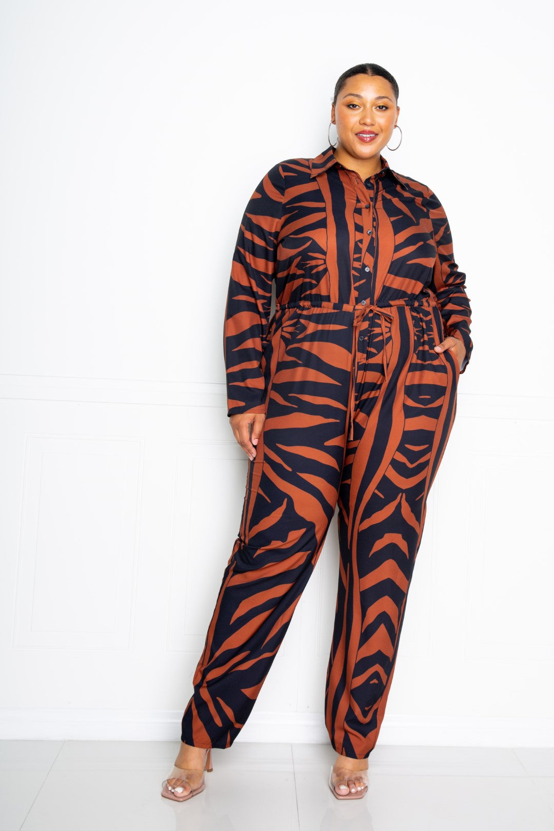 Button Up Long Sleeve Jumpsuit