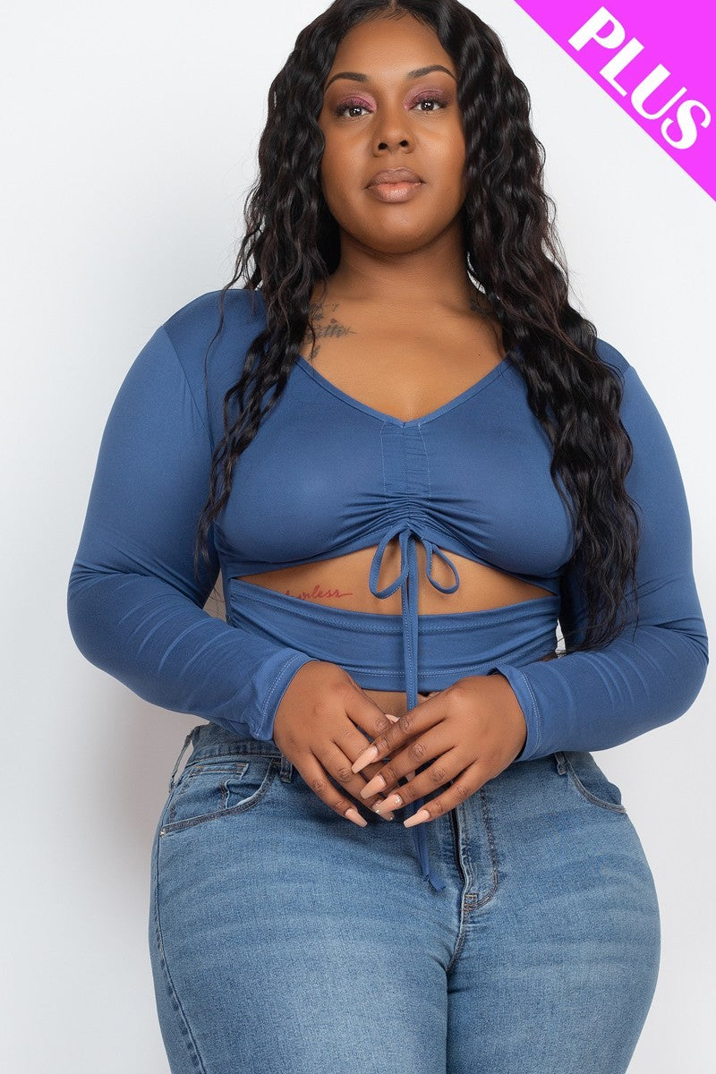 Plus Size Drawstring Ruched Cutout Crop Top - PLUS SIZE BASICS & ACTIVEWEAR
