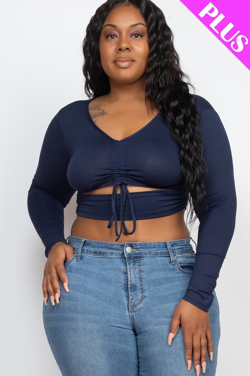 Plus Size Drawstring Ruched Cutout Crop Top - PLUS SIZE BASICS & ACTIVEWEAR