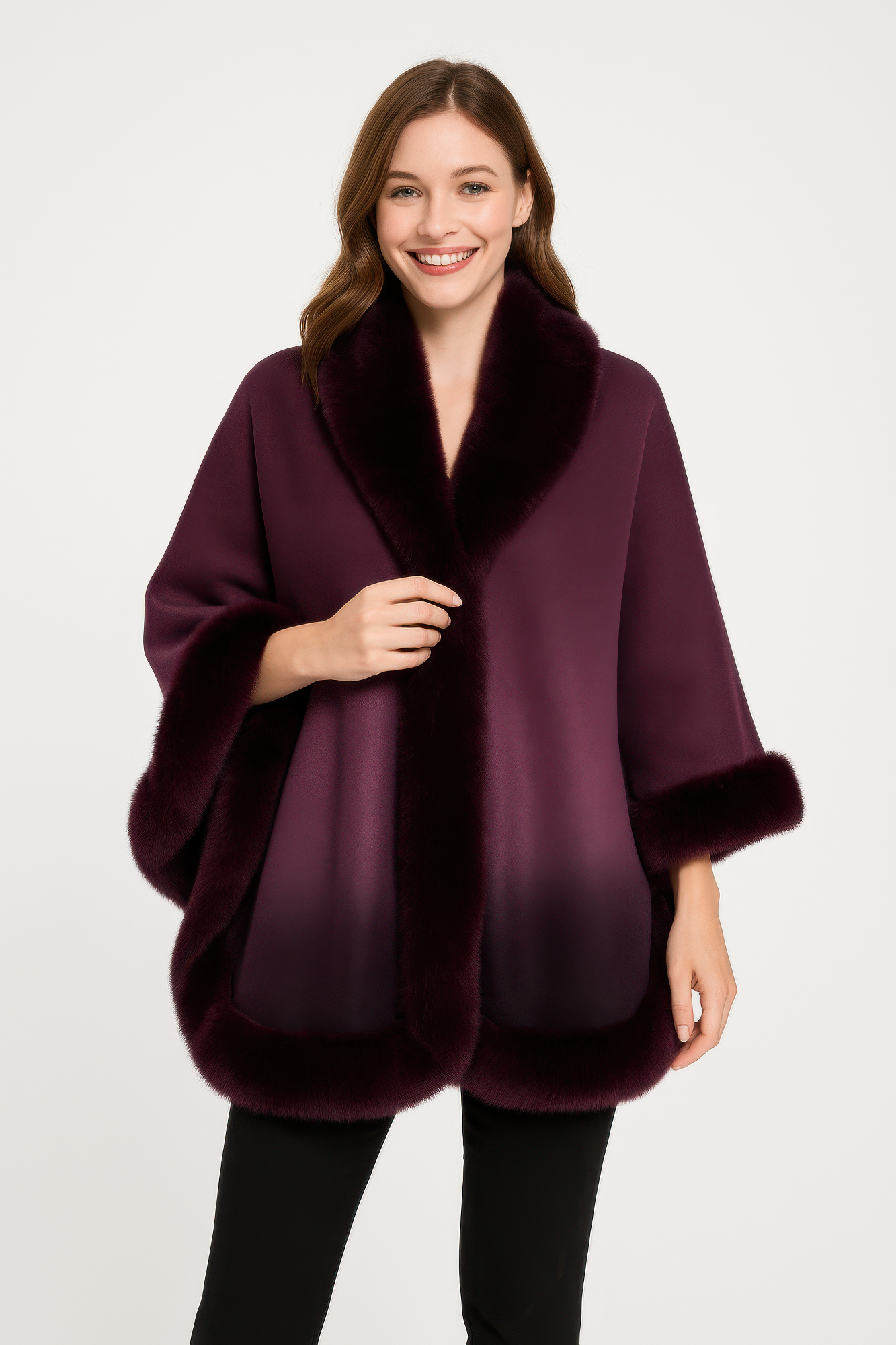 Ombre Faux Fur Trim Cape Wrap